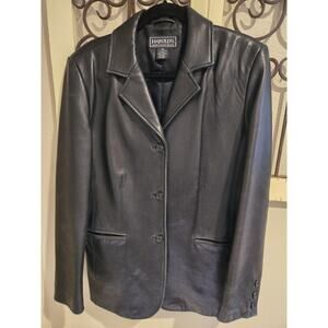 Harolds Women's Black Leather Jacket. Soft. Sz 10 Large. Fully Lined. 3 Button